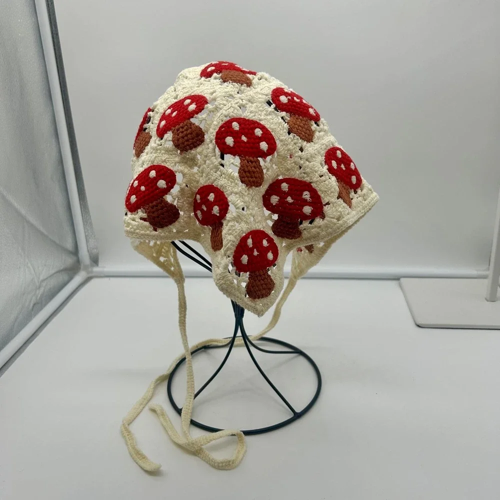 Crochet Mushroom Bandana Headscarf Cream Red Toadstool Boho Festival
